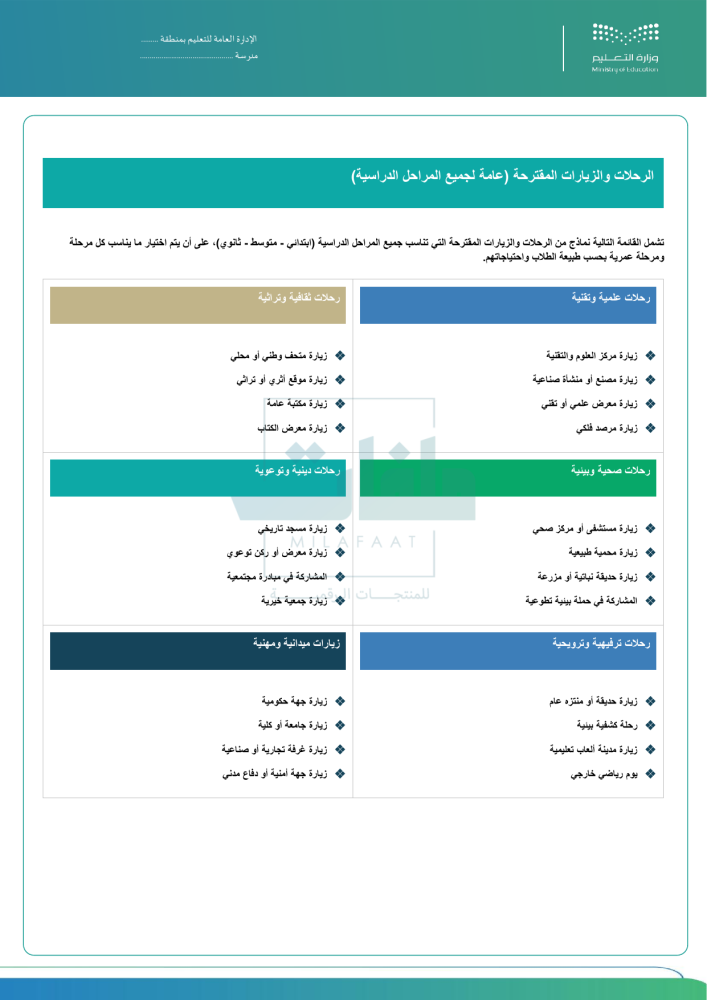 سجل الزيارات والرحلات المدرسية - لجميع المراحل
