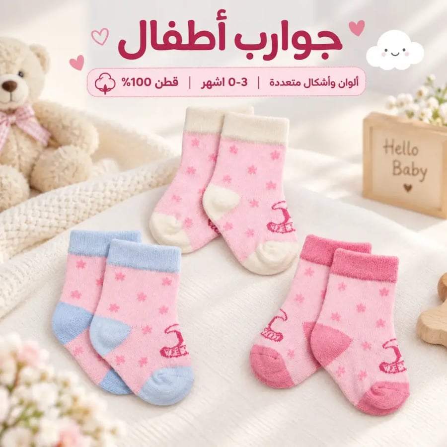 جوارب أطفال حديثي الولادة 3 أزواج قطن (0-3 أشهر) - قطن 100%