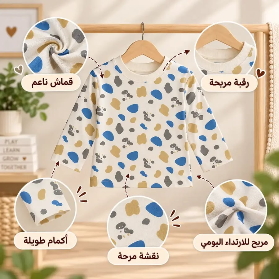 ملابس علوية أطفال قطن ناعم - مناسب للبيت والخروج (3 أشهر – 3 سنوات)