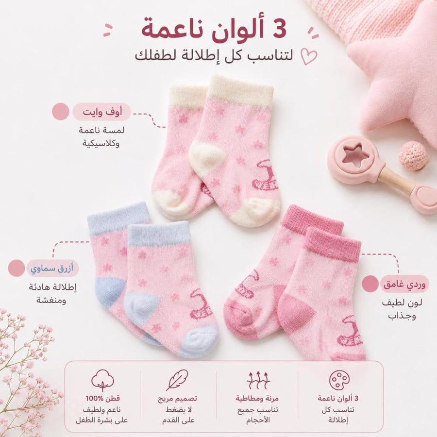 جوارب أطفال حديثي الولادة 3 أزواج قطن (0-3 أشهر) - قطن 100%