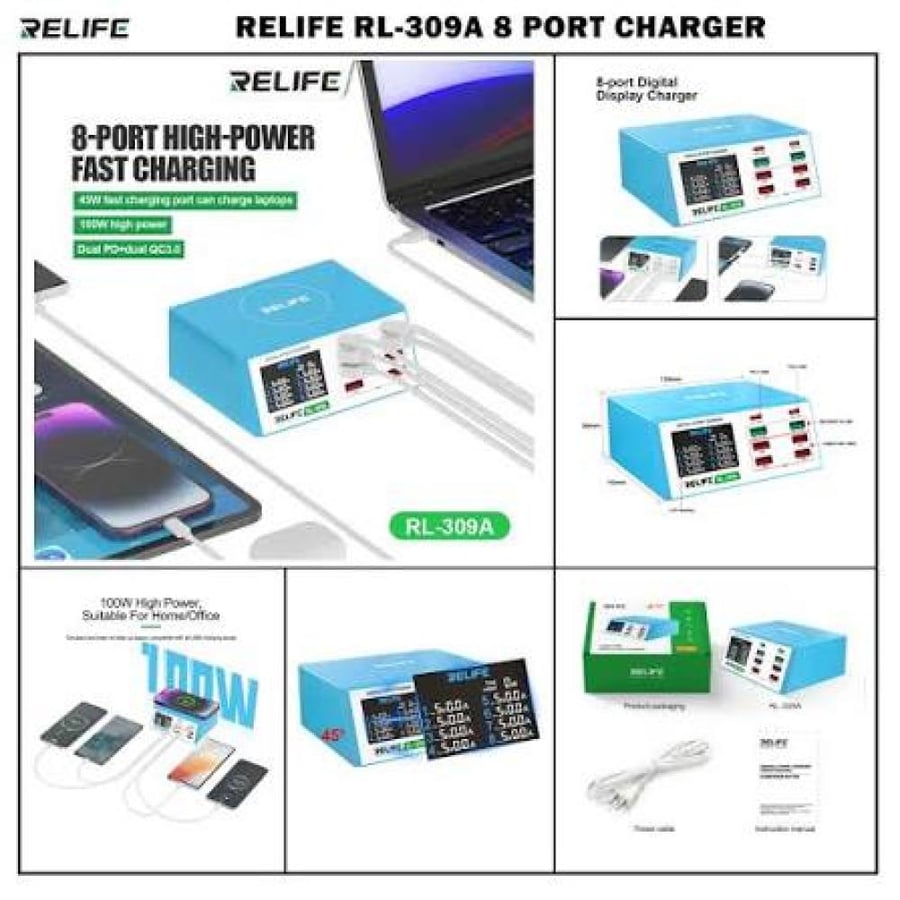منصة شحن وفحص بطاريات مع واير ليس RELIFE RL-309A 6USB 2PD