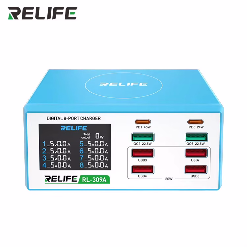 منصة شحن وفحص بطاريات مع واير ليس RELIFE RL-309A 6USB 2PD