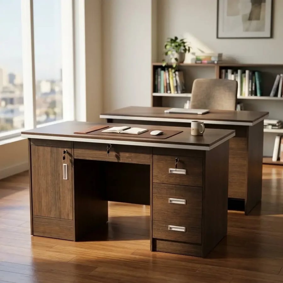 مكتب إداري خشبي بني مع أدراج وخزانة وقفل - P284 Brown