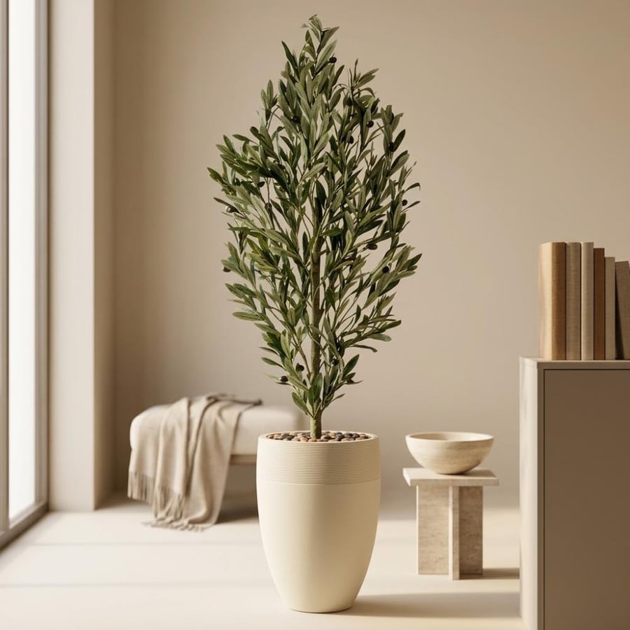 شجرة ورق زيتون صناعية حوض طويل بيج - ارتفاع 160 سم (موديل 7813-G1-1143-2 PJ)