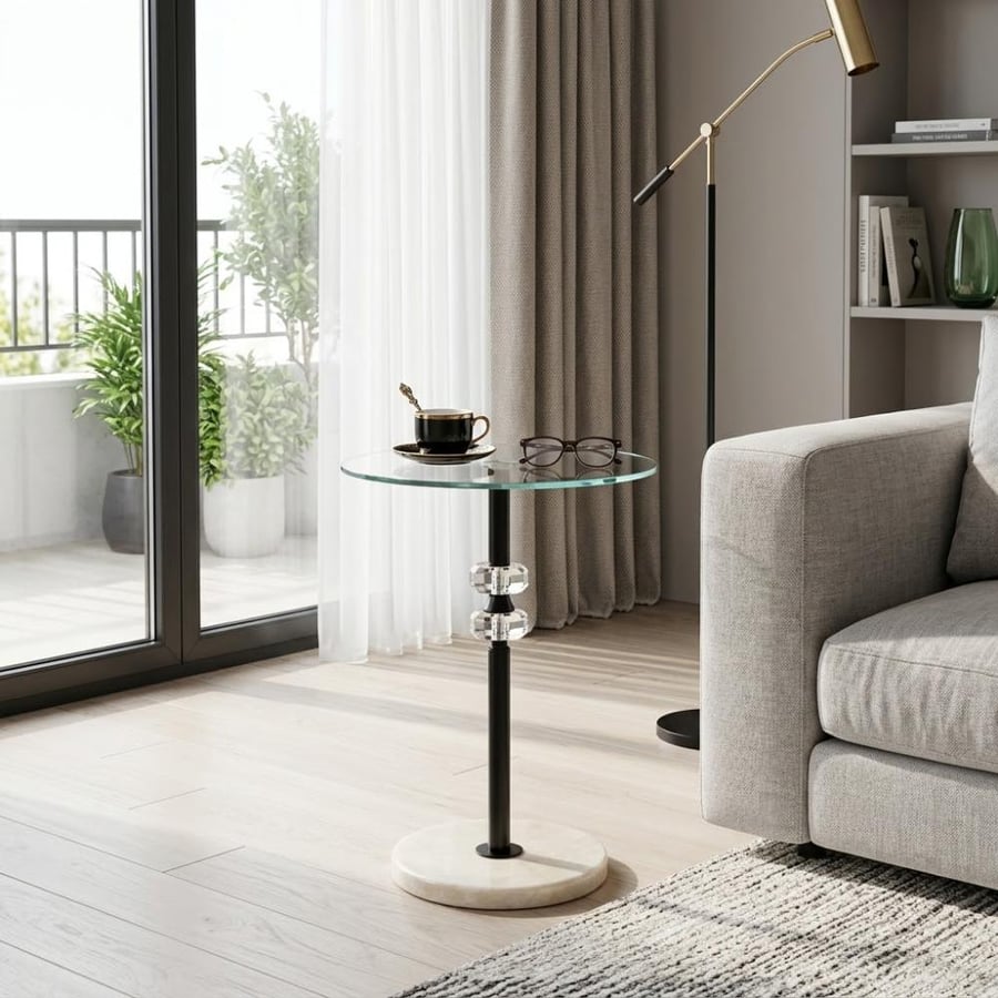 طاولة خدمة جانبية سطح زجاج وقاعدة رخام مع عمود أسود وكريستال - مقاس 39×55 سم (موديل T8007 BK)