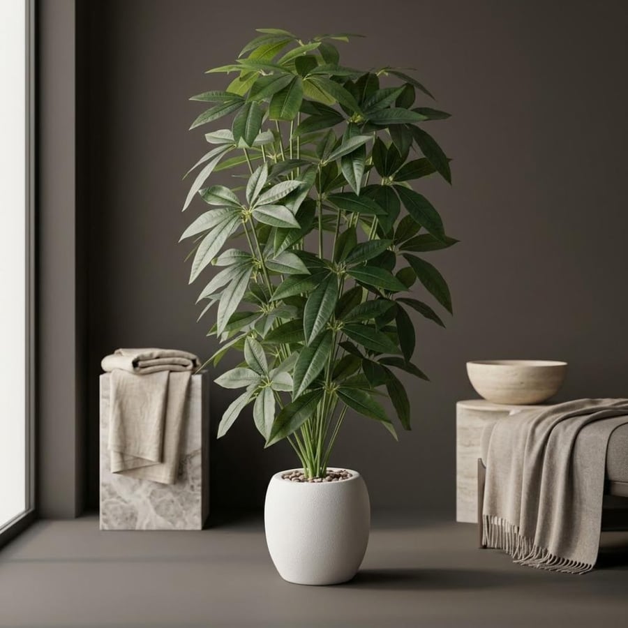 شجرة ورق مانجو صناعية مع مركن فايبر أبيض - ارتفاع 120 سم (موديل 1153-542 WT)