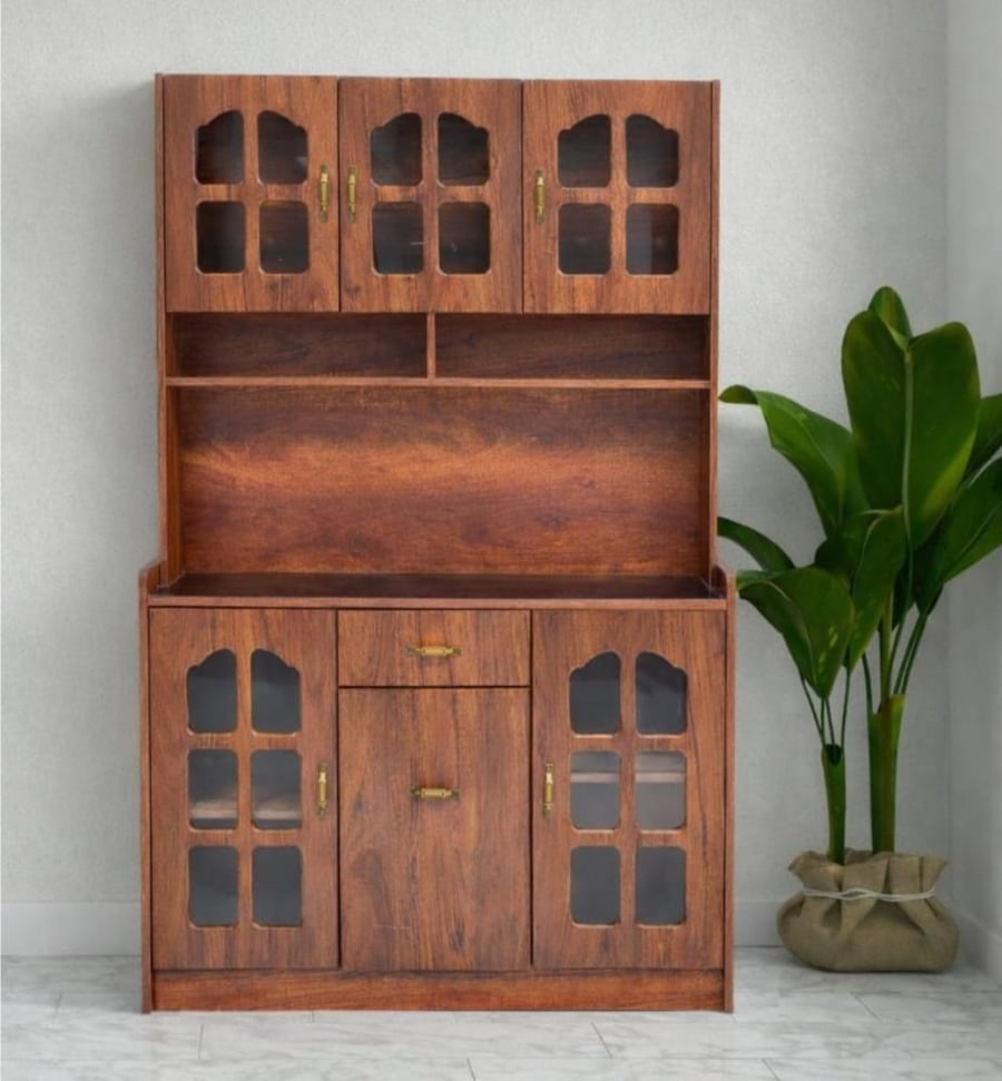 دولاب بوفيه ومطبخ خشبي بني مع زجاج - 155 Brown
