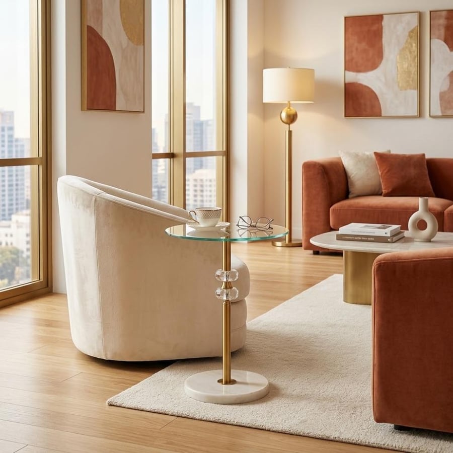 طاولة خدمة جانبية سطح زجاج وقاعدة رخام مع عمود ذهبي وكريستال - مقاس 39×55 سم (موديل T8007 GL)