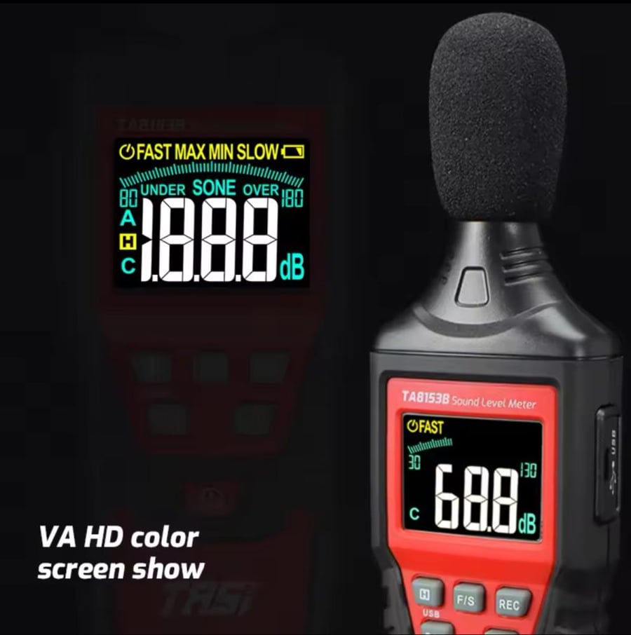 جهاز قياس مستوى الصوت الرقمي TA8153A/B لقياس مستوى الضوضاء بالديسيبل مع شاشة LCD ملونة ونطاق من 30 إلى 130 ديسيبل واتصال بيانات USB