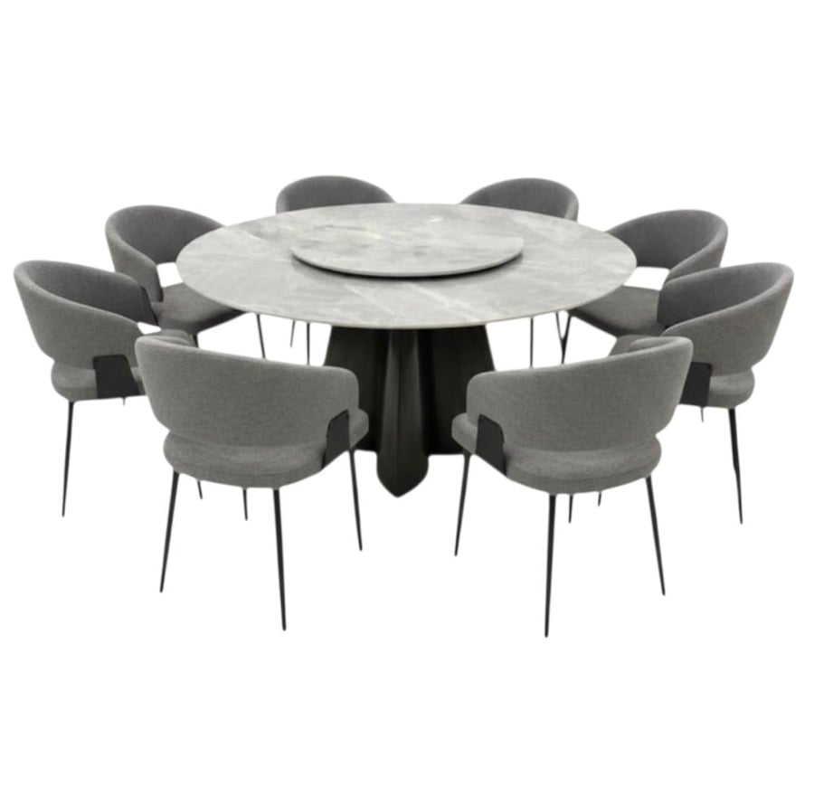Luxury round ceramic dining table set with 8 modern chairs