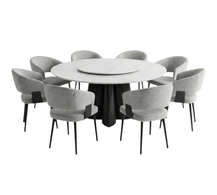 Luxury round ceramic dining table set with 8 modern chairs