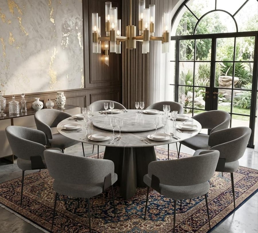 Luxury round ceramic dining table set with 8 modern chairs