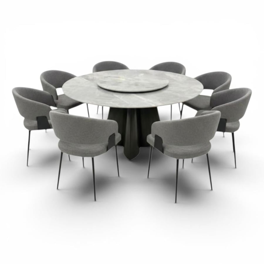 Luxury round ceramic dining table set with 8 modern chairs