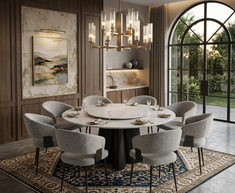 Luxury round ceramic dining table set with 8 modern chairs