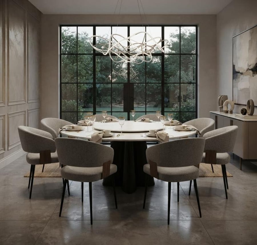 Luxury round ceramic dining table set with 8 modern chairs