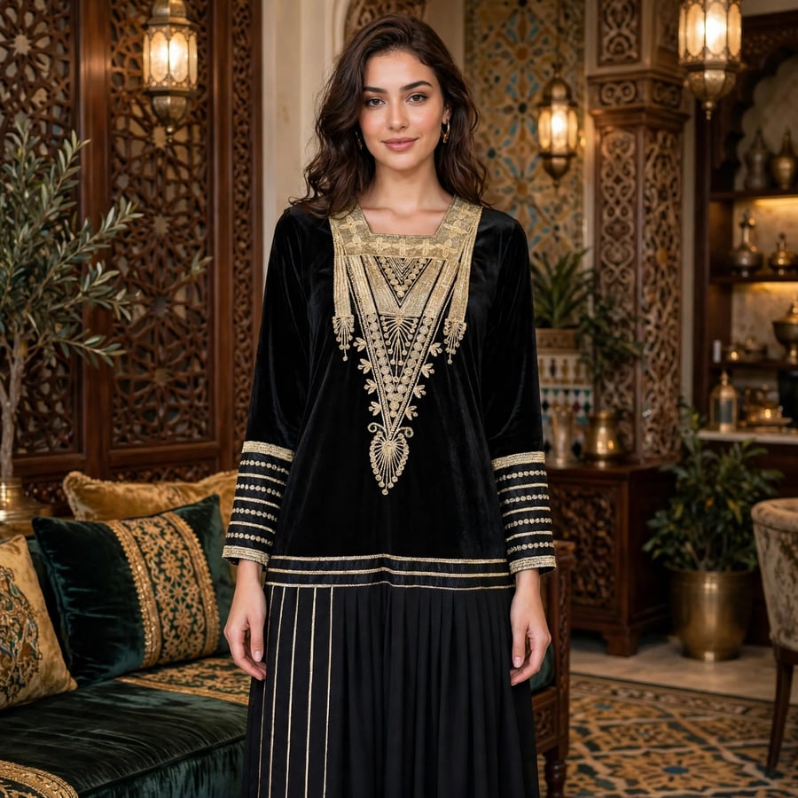 جلابية ميعاد مخمل بتطريز ذهبي هندسي وتصميم رقبة مربعة