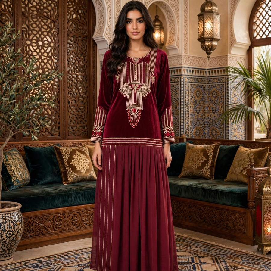 جلابية ميعاد نسائية تراثية مخمل بتصميم مطرز احمر