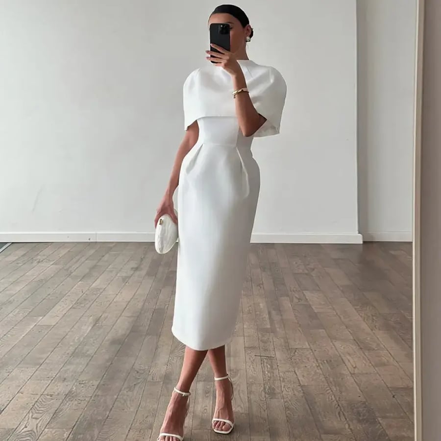 طقم نسائي أنيق من قطعتين: فستان شال سادة بأكمام قصيرة وخصر ضيق، تصميم نحيف للسيدات، لربيع وصيف 2026