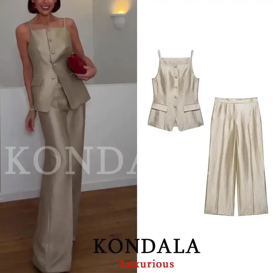 بدلة نسائية أنيقة وعصرية من KONDALA للعطلات، تتكون من بلوزة بدون أكمام بزر واحد وبنطلون طويل بسحاب، موضة ربيع وصيف 2026