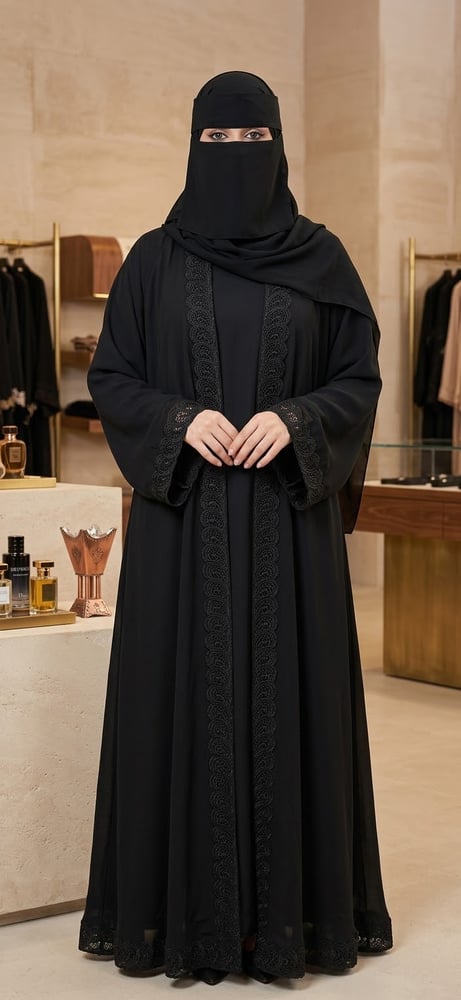 دبل كلوش بقماش انترنت كوري واكمام واسعه بتطريز ياقه واكمام واطراف العبايه مع طرحه ساده