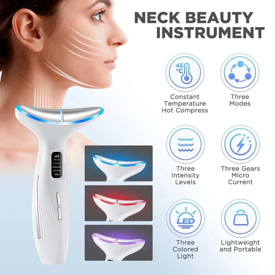 7 ألوان LED أضواء الرقبة جهاز تجميل الوجه EMS الاهتزاز تدليك تحسين خطوط الرقبة المضادة للتجاعيد