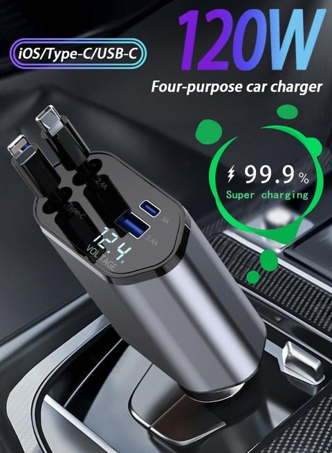 شاحن سيارة 120 وات، شاحن سيارة USB PD 4 في 1 من النوع C للشحن السريع، كابل قابل للسحب (31.5 بوصة) ومحول شاحن سيارة بمنفذين USB من النوع C وكابلات تتوافق مع جميع الاجهزه