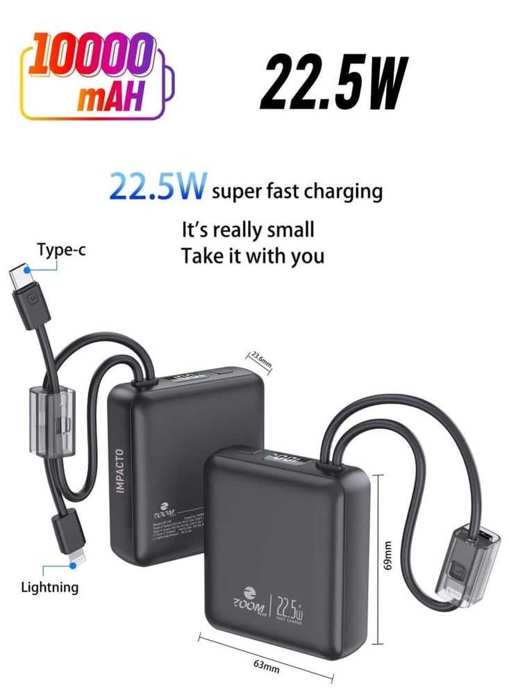 باور بانك Zoom Plus ZP11B فائق النحافة بسعة 10,000 مللي أمبير في الساعة IMPACTO Super Fast 22.5 وات أسود