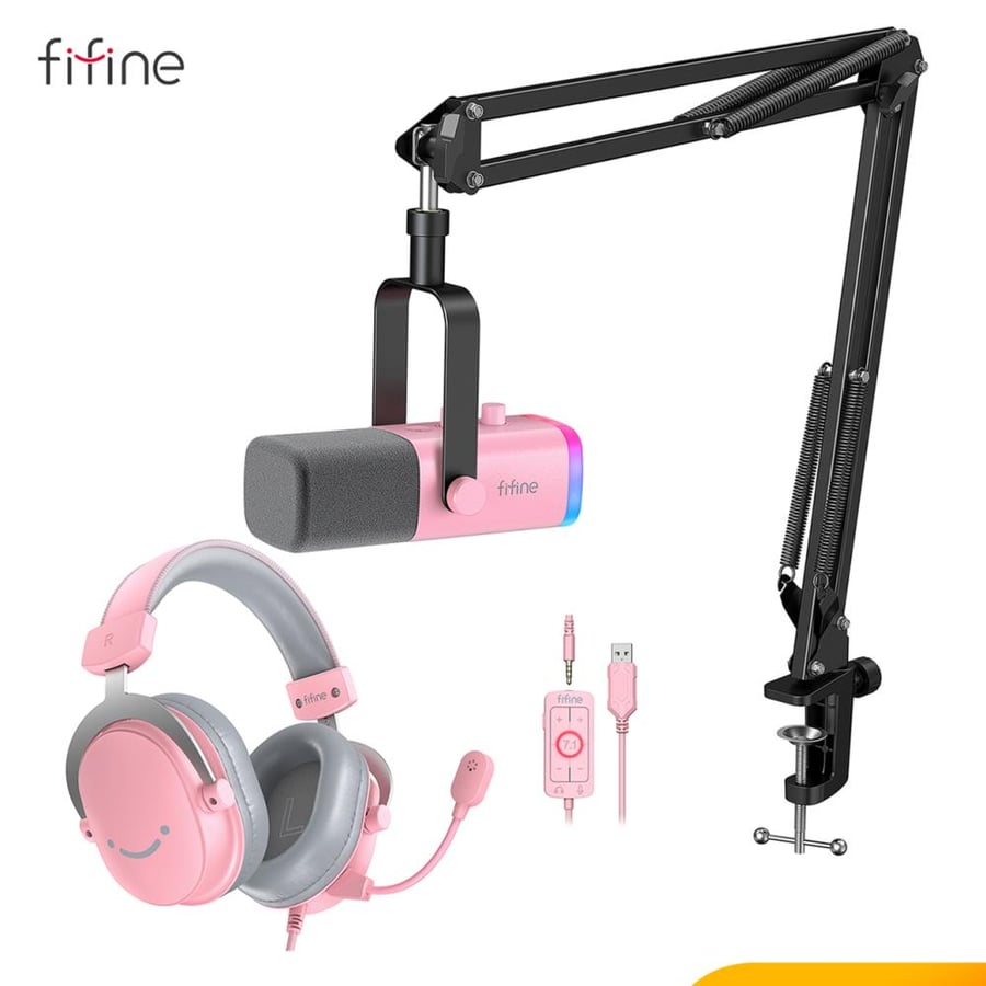 سماعة وميكروفون FIFINE للألعاب والبث مع إضاءة RGB وتحكم في الكسب