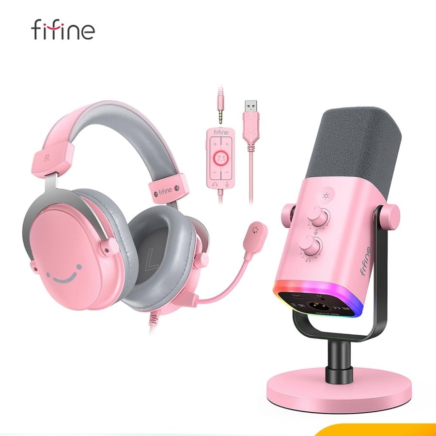 سماعة وميكروفون FIFINE للألعاب والبث مع إضاءة RGB وتحكم في الكسب