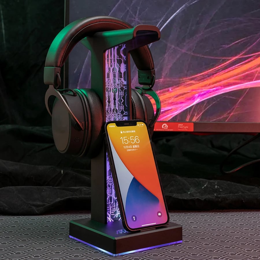 حامل سماعة رأس RGB للألعاب بمنفذي USB وتأثيرات إضاءة وصوت