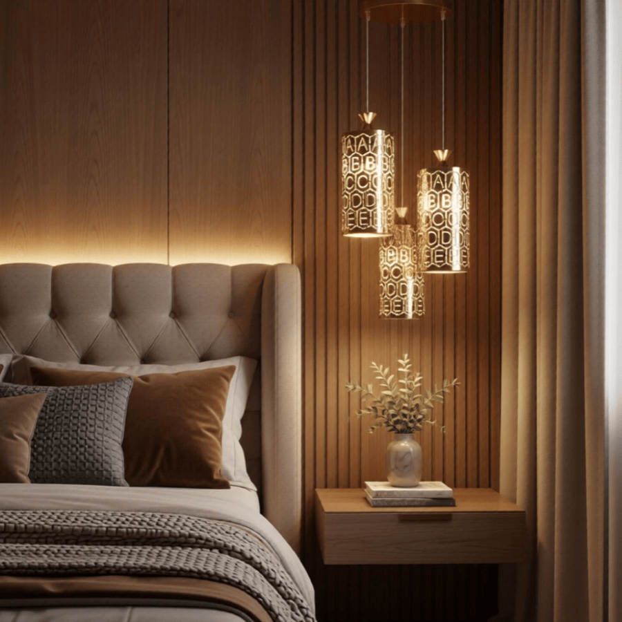 علاقي حديد مودرن ثلاثي باللون الذهبي بنقوش هندسية – مقاس 13 سم × 3
