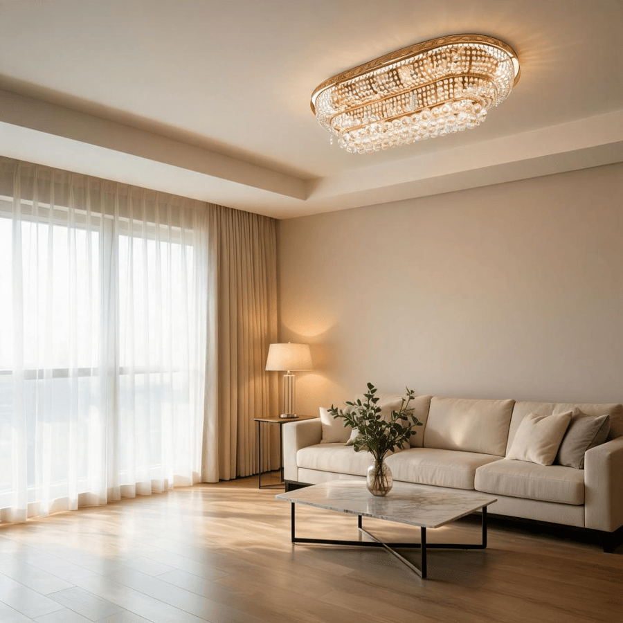 لطش سقفي كريستال ذهبي بتصميم بيضاوي متعدد الطبقات – 100 × 50 سم