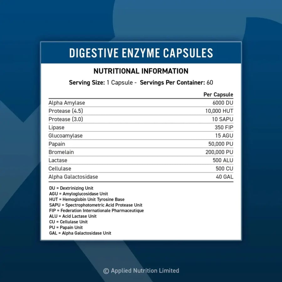 Applied Nutrition Digestive Enzyme Capsules - 60 كبسولات، معقد إنزيمي متعدد (Lactase, Protease, Amylase)