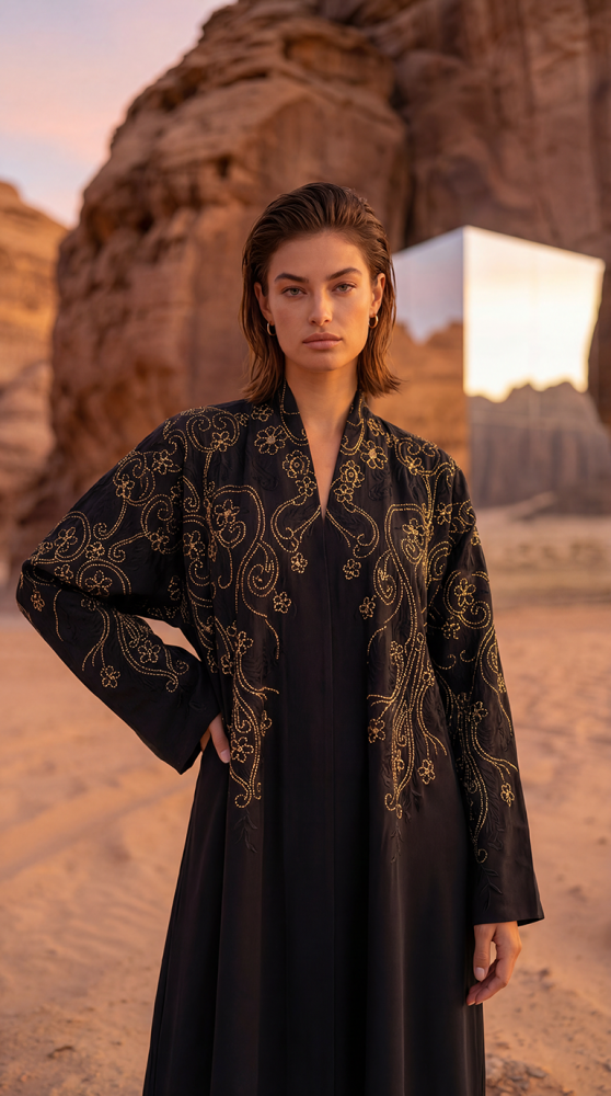 Golden embroidered linen abaya