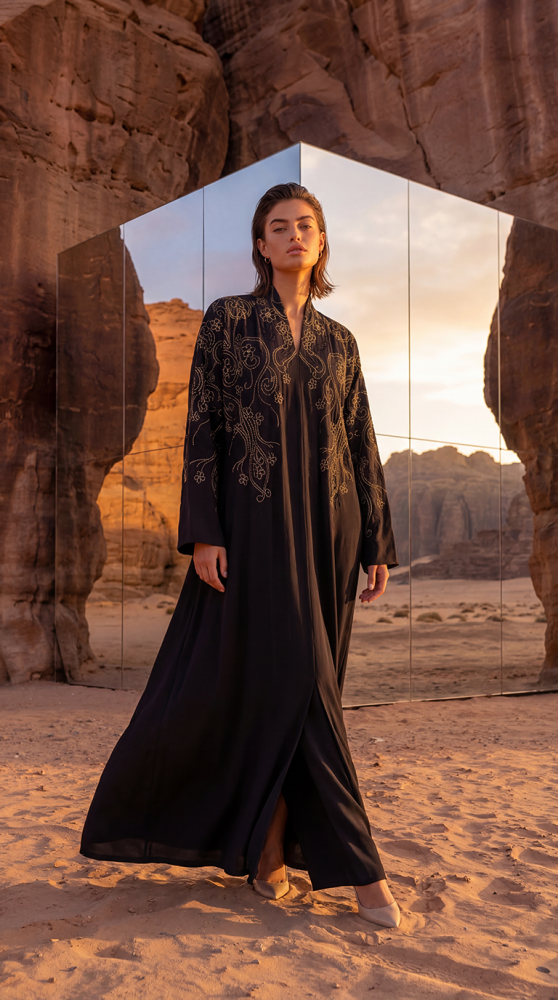 Golden embroidered linen abaya