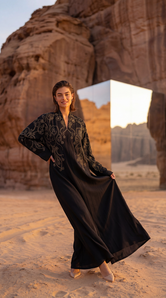 Golden embroidered linen abaya