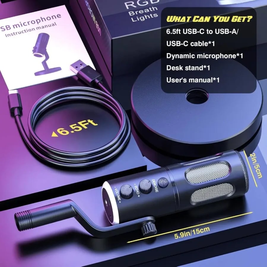مايك احترافي للألعاب X60 مع حامل RGB سلكي مكثف مزود بتقنية ذكية للحد من الضوضاء، مناسب للبث المباشر، والألعاب، والتسجيل، والكمبيوتر، والهاتف | أسود USB / Type-C