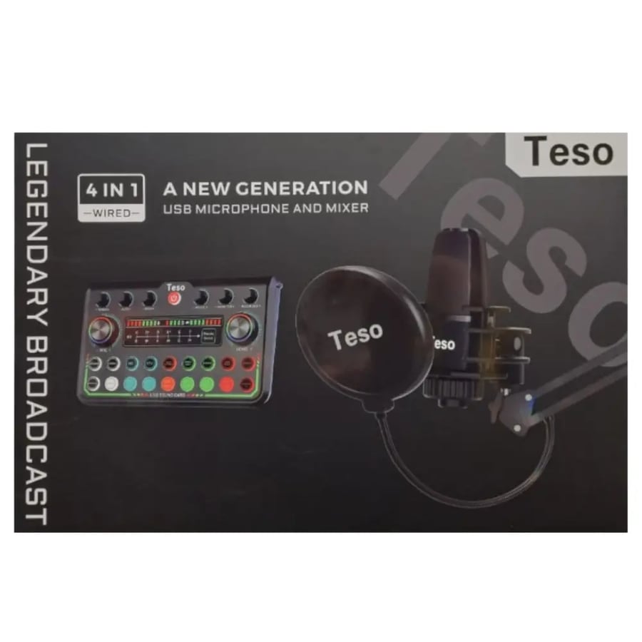 حزمة Teso Legendary Broadcast 4 in 1 ميكروفون USB، وميكسر صوت، وذراع تثبيت، وفلتر صوتي.