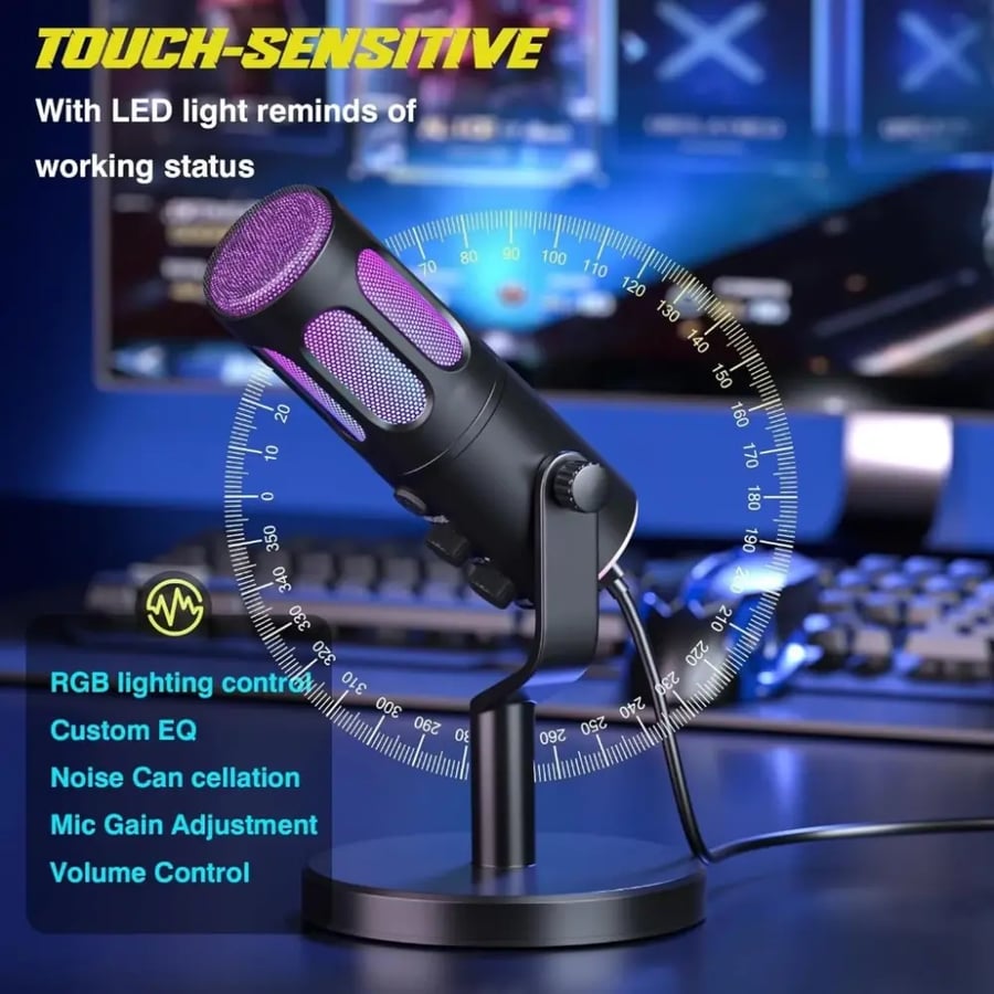 مايك احترافي للألعاب X60 مع حامل RGB سلكي مكثف مزود بتقنية ذكية للحد من الضوضاء، مناسب للبث المباشر، والألعاب، والتسجيل، والكمبيوتر، والهاتف | أسود USB / Type-C
