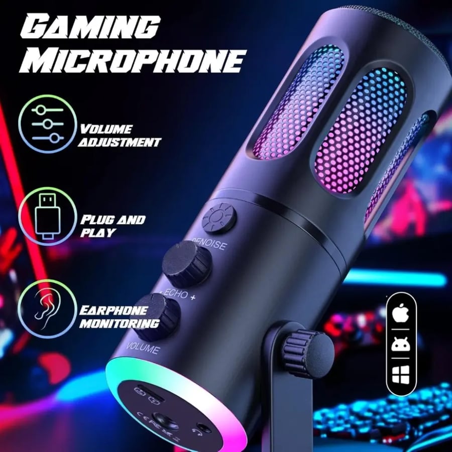 مايك احترافي للألعاب X60 مع حامل RGB سلكي مكثف مزود بتقنية ذكية للحد من الضوضاء، مناسب للبث المباشر، والألعاب، والتسجيل، والكمبيوتر، والهاتف | أسود USB / Type-C