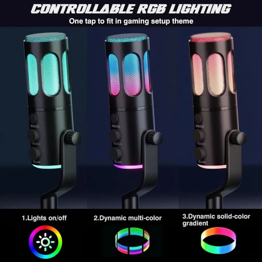 مايك احترافي للألعاب X60 مع حامل RGB سلكي مكثف مزود بتقنية ذكية للحد من الضوضاء، مناسب للبث المباشر، والألعاب، والتسجيل، والكمبيوتر، والهاتف | أسود USB / Type-C