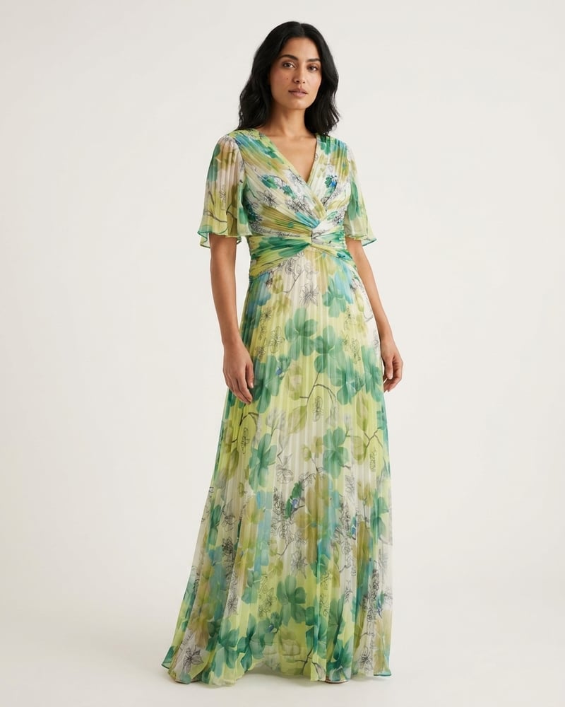 Long green floral pleated dress