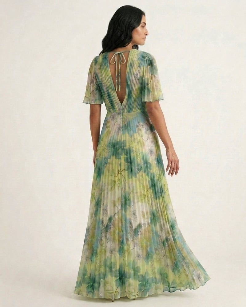 Long green floral pleated dress