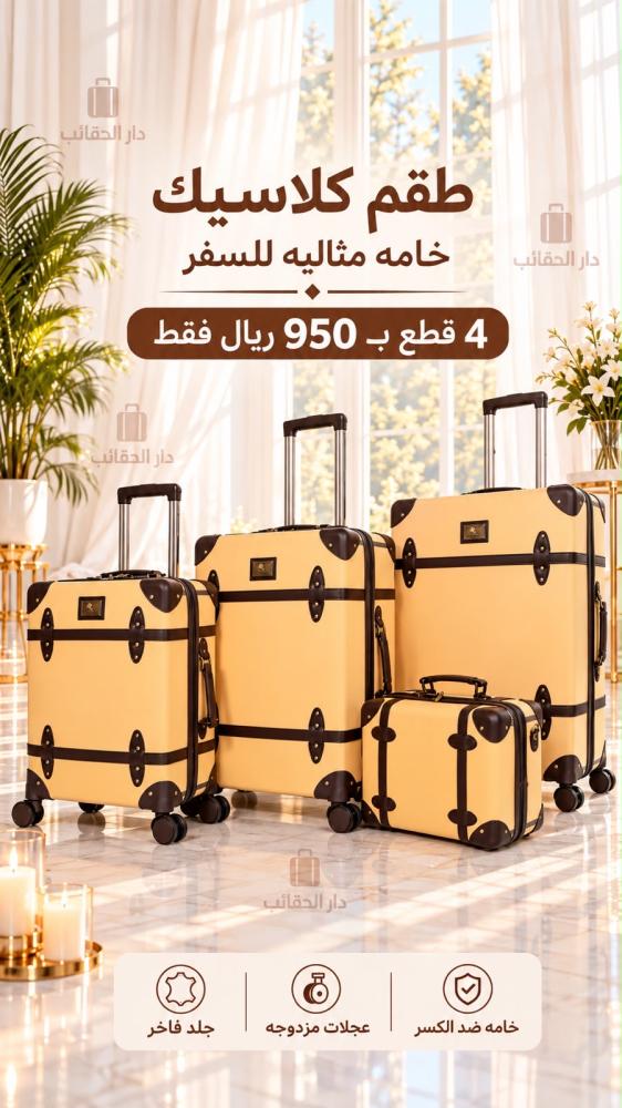 طقم شنط سفر كلاسيكيه يونيووكر ٤ قطع لون ذهبي مشمشي