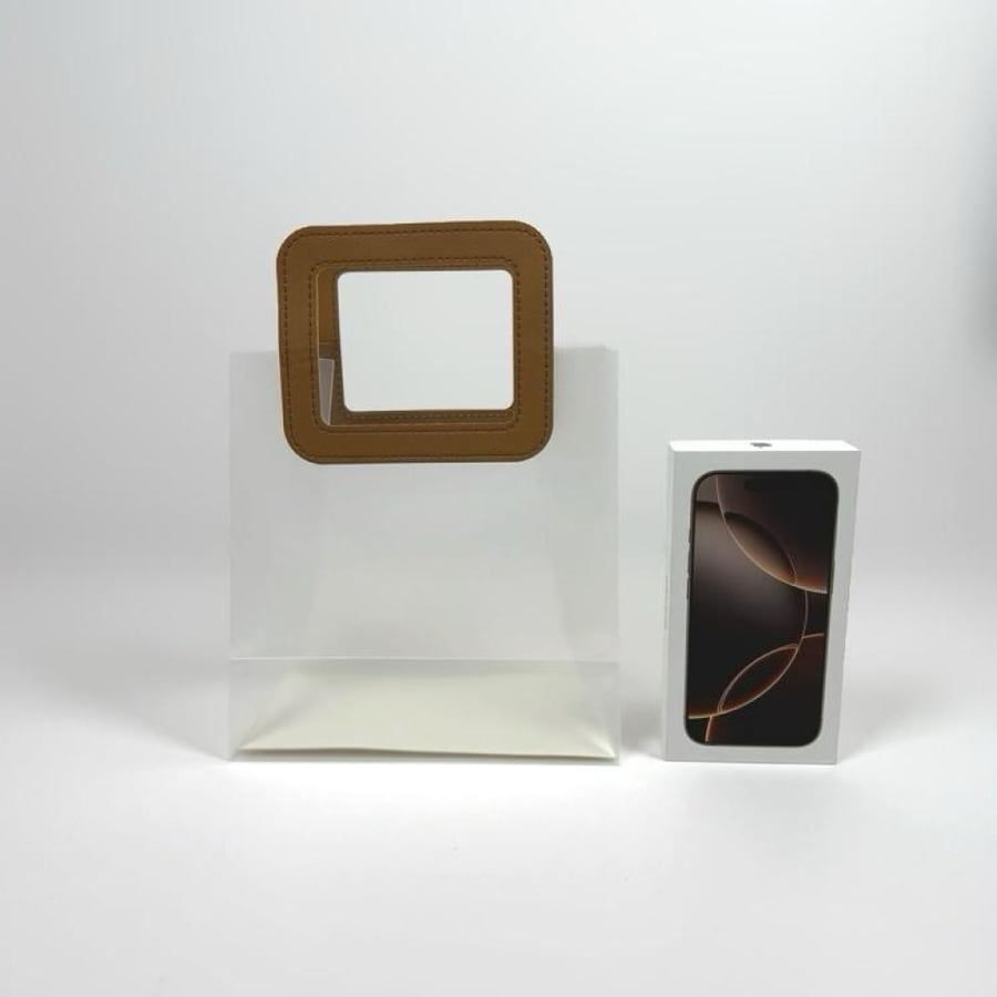 Luxury transparent gift bag with a square leather handle, brown color, size 22*21*11 cm