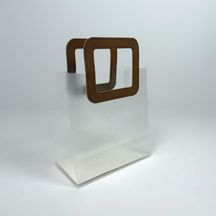 Luxury transparent gift bag with a square leather handle, brown color, size 22*21*11 cm