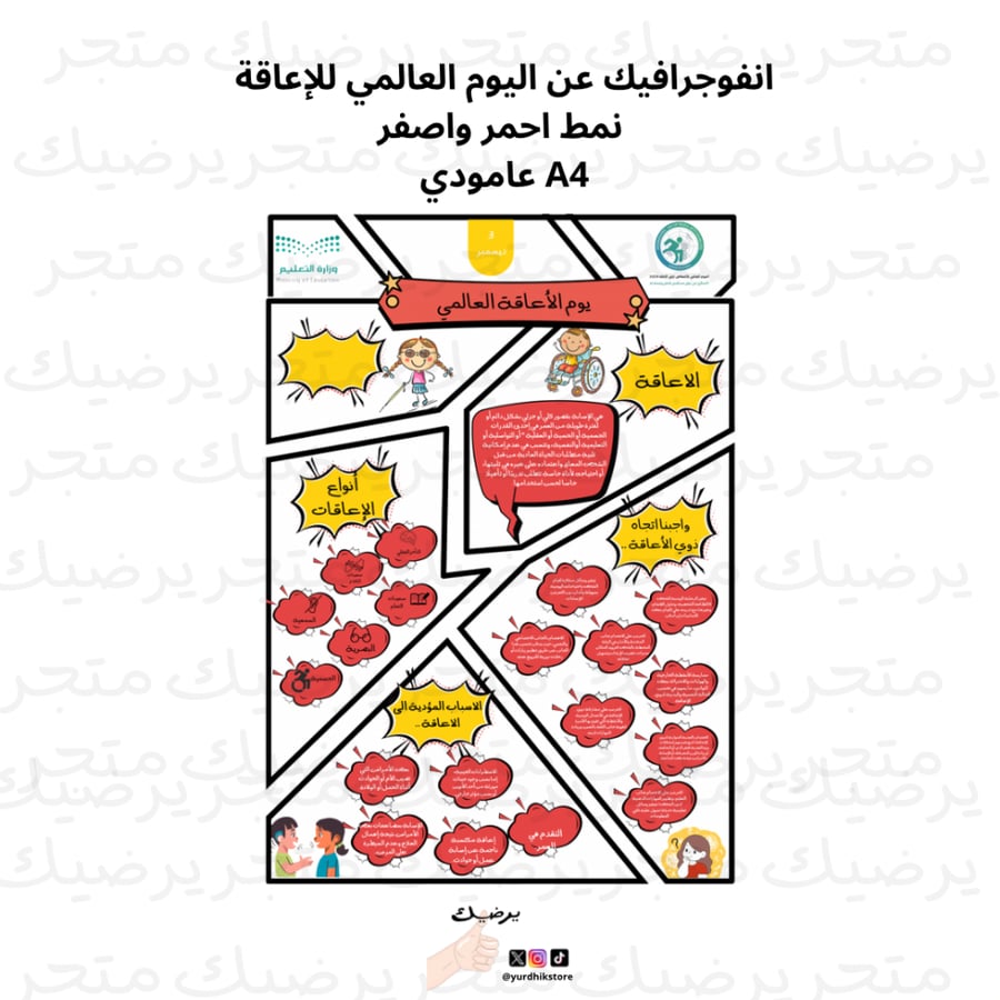 انفوجرافيك عن اليوم العالمي للإعاقة نمط احمر واصفر A4 عامودي