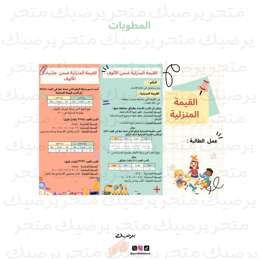 مطوية رياضيات ثالث ابتدائي فصل دراسي أول (القيمة المنزلية)