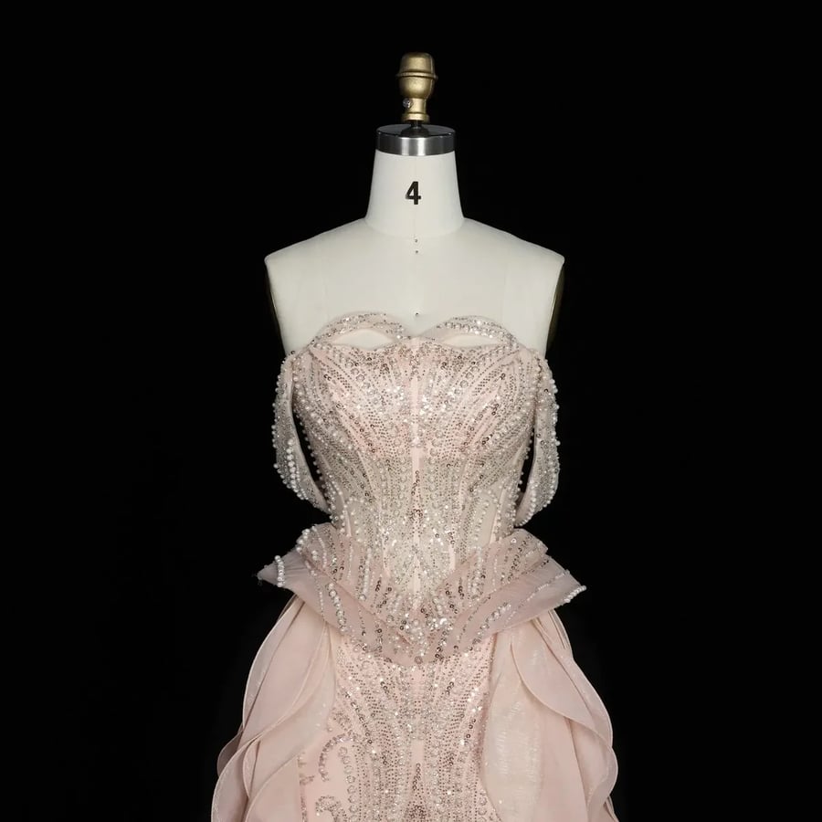 Blush Corset Ruffled-Train Gown MS103