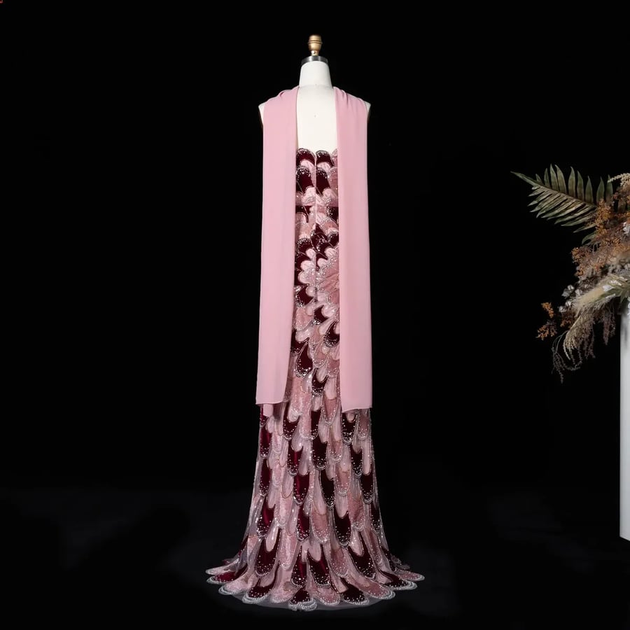 Pink and Burgundy Feather-Pattern Gown MS203